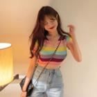 V-neck Striped Short-sleeve Knit Top As Shown In Figure - One Size