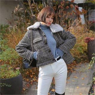 Detachable Faux-fur Glen-plaid Jacket Black - One Size