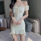 Puff-sleeve Frill Trim Drawcord Mini Bodycon Dress