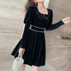 Long-sleeve Faux Pearl Trim Mini A-line Dress
