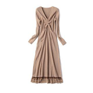 Lace Trim Drawstring Ribbed Knit Dress