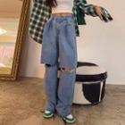 Hooked-waist Cutout-detail Wide-leg Jeans Blue - One Size