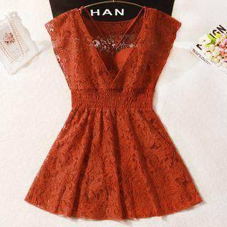Set: Caged-back Ruffled Swimsuit + Lace Cover-up Dress