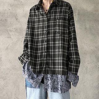 Couple Matching Print Panel Plaid Long Sleeve Shirt