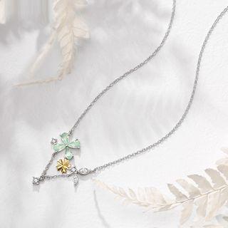 925 Sterling Silver Rhinestone Clover Pendant Necklace Green & Gold & Silver - One Size