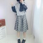 Bow Accent Blouse / Plaid Panel Pullover / Plaid A-line Skirt