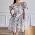 Short-sleeve Floral Organza A-line Dress