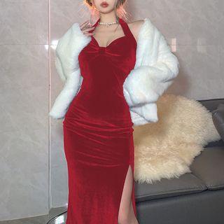 Halter Plain Shaping Slit Velvet Dress