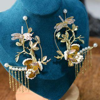 Set Of 2: Faux Pearl Chain Dragonfly Hair Clip Set Of 2 - Gold - One Size