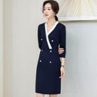 V-neck Color Block 3/4-sleeve Sheath Dress