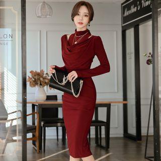 Long-sleeve Cutout Crinkled Midi Sheath Dress