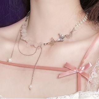 Faux Pearl Butterfly Choker Light Pink - One Size