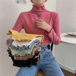 Long-sleeve Semi High-neck Ruffle Trim Plain Top