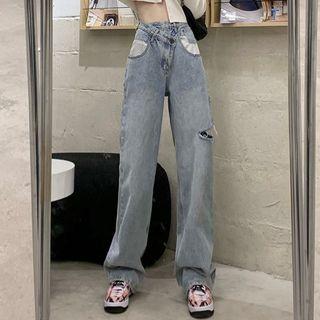 Asymmetrical Washed Mid Waist Wide Leg Jeans