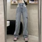 Asymmetrical Washed Mid Waist Wide Leg Jeans