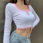 Long-sleeve Cat Print Crop Top