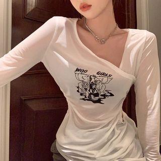 Long-sleeve Print Asymmetrical Cutout T-shirt White - One Size