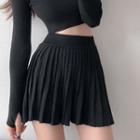 High Waist Pleated Knit Mini A-line Skirt