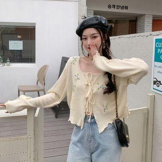 Set: Floral Embroidered Tie-front Cardigan + Camisole Top