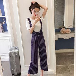 Set: Short-sleeve Top + Plaid Cropped Jumper Pants