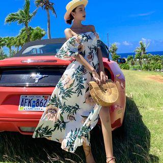 Flower Print Off-shoulder Maxi Chiffon Dress