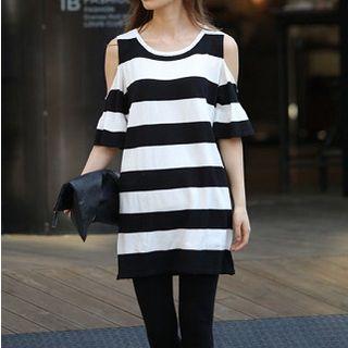 Elbow-sleeve Cutout-shoulder Stripe Dress