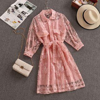 Long-sleeve Midi Lace Dress Pink - One Size