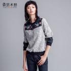 Bird Embroidered Faux Leather Panel Pullover