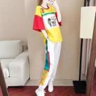 Set: Elbow-sleeve Graphic Print Color Block T-shirt + Sweatpants