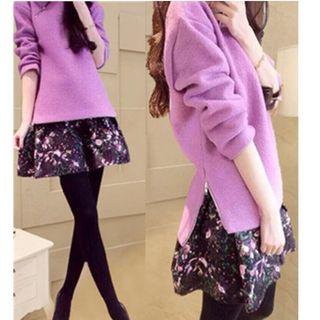 Set: Side Zip Long Sleeve Top + Printed A-line Skirt