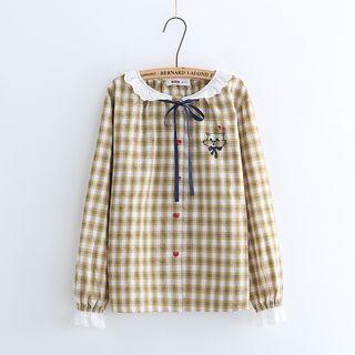 Cat Embroidered Plaid Shirt