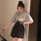 Leopard Print Short-sleeve T-shirt / High Waist Mini Skirt
