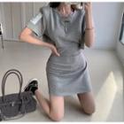 Short-sleeve Cutout-back Mini Bodycon Dress / Chain Necklace