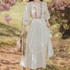 3/4-sleeve Floral Embroidered Frill Trim Midi A-line Dress