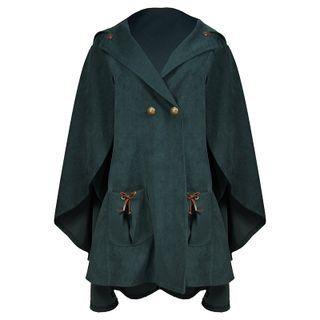 Hooded Double-breasted Cape Dark Green - One Size