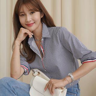 Elbow-sleeve Piped Plain / Stripe Shirt