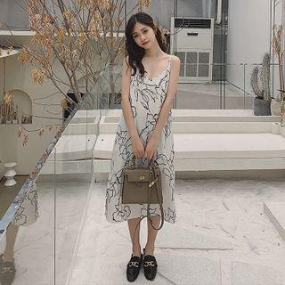 Spaghetti-strap Printed Midi A-line Dress