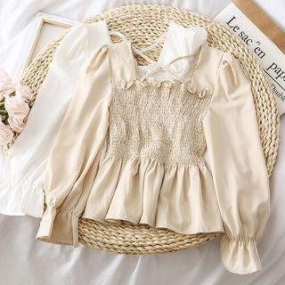 Square-neck Smocked Chiffon Top