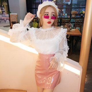 Dotted Mesh Ruffled Blouse / Patent A-line Skirt / Set