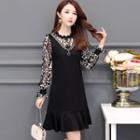 Long-sleeve Patterned Panel Mini A-line Dress