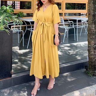 Elbow-sleeve Wrap Midi A-line Dress
