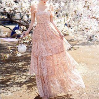 Ruffle Strap Floral Print Maxi A-line Lace Dress