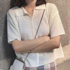 Pointelle Short-sleeve Polo Knit Top White - One Size