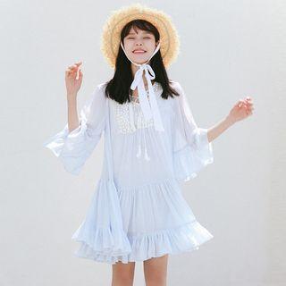 Crochet Panel Cutout 3/4-sleeve A-line Chiffon Dress