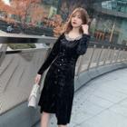 Long-sleeve Lace Collar Velvet Midi A-line Dress