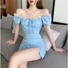 Short-sleeve Lace Trim Mini Bodycon Dress Blue - One Size