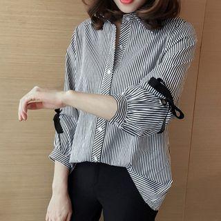 3/4-sleeve Stripe Ribbon Shirt