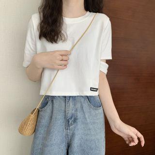 Short-sleeve Round Neck Asymmetric Crop Top