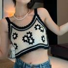 Floral Knit Cropped Camisole Top Flower - Black & White - One Size