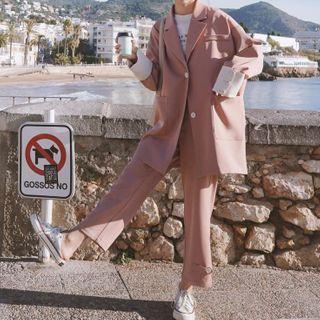 Set: Plain Button-up Jacket + Straight-fit Pants